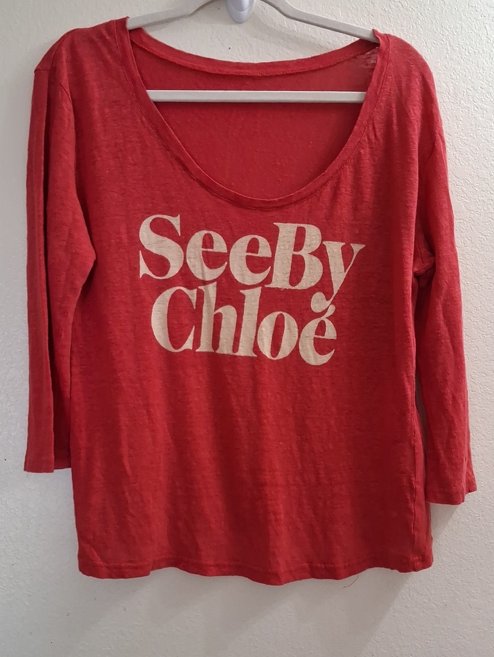 See By Chloé Maximalist Red 3/4 Sleeve Linen Tee, Large